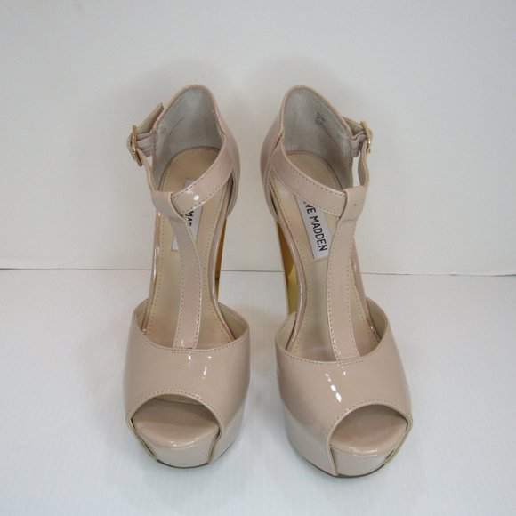 Steve Madden Dyvine Beige T Bar Peep Toe Platform Gold Heel Pumps - Picture 4 of 15